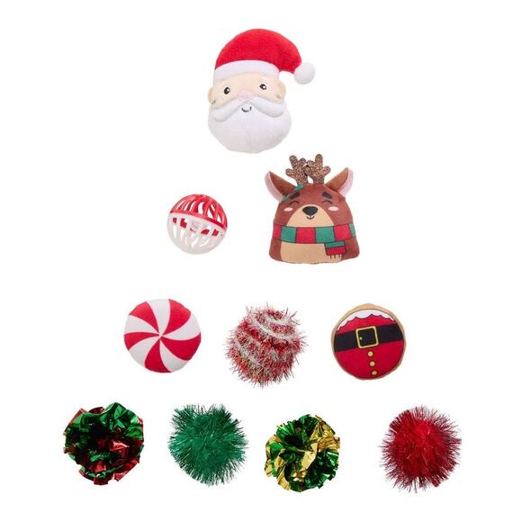 Merry & Bright Ball Cat Toy Variety Pack 10 Count Plush Crinkle Bell‎ Christmas - Picture 1 of 4